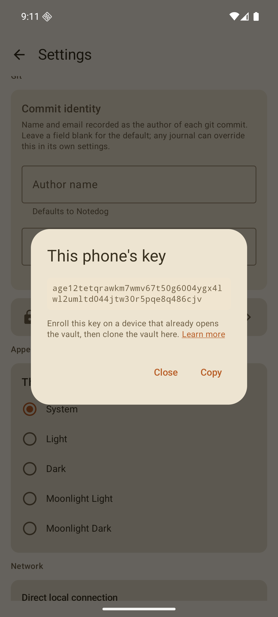 The Notedog Settings screen on the phone with the dialog This phone's key open: the public key, an age1 line, with a Copy button.