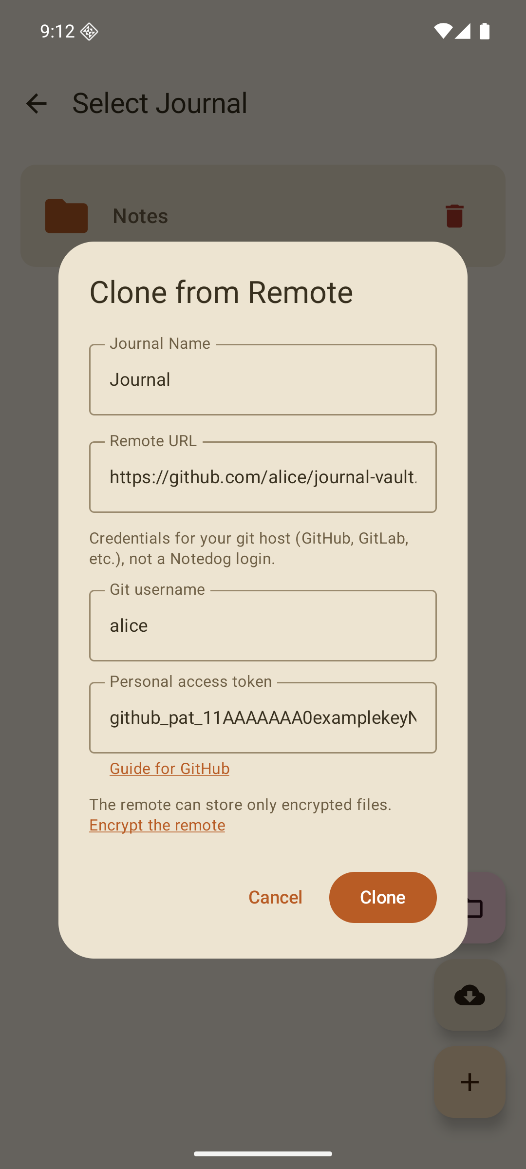 The Clone from Remote dialog on the phone: journal name, remote URL, Git username, personal access token, and a one-line hint that the remote can store only encrypted files.