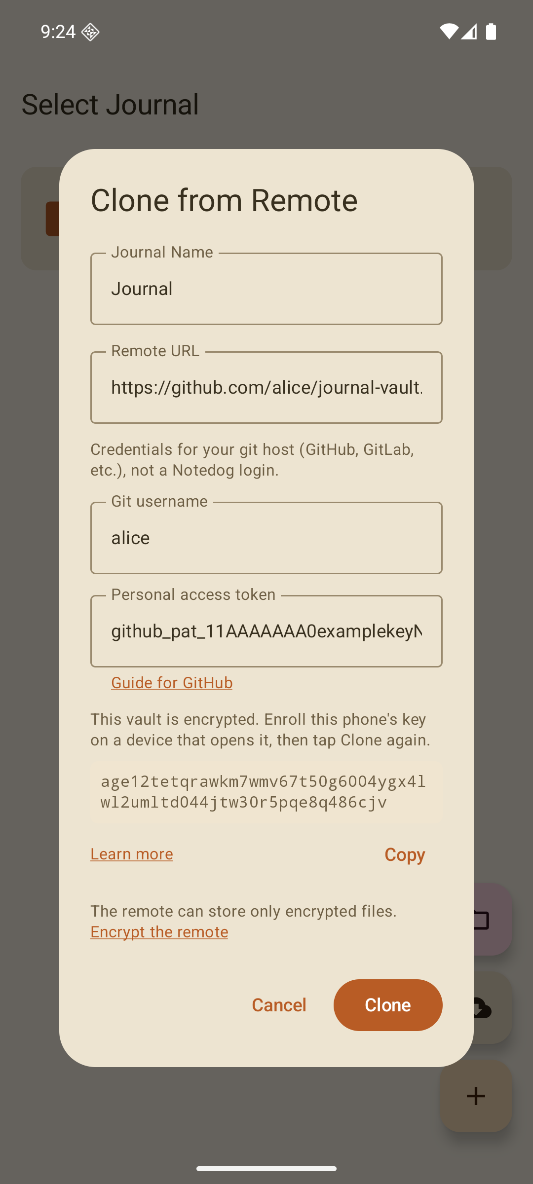 The clone dialog after tapping Clone on a vault the phone cannot open yet: the message This vault is encrypted, enroll this phone's key on a device that opens it, then tap Clone again, followed by the key and a Copy button.