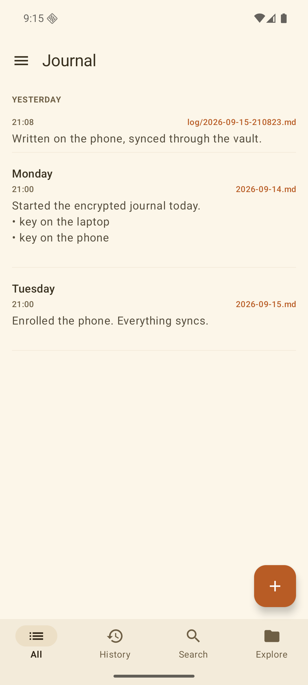 The journal list on the phone right after cloning, showing two entries that were written on the laptop.