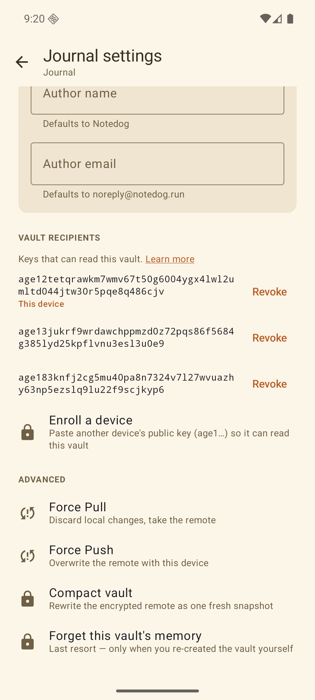 Journal settings on the phone: the Vault recipients section lists three public keys, one marked This device, each with a Revoke button, followed by Enroll a device.