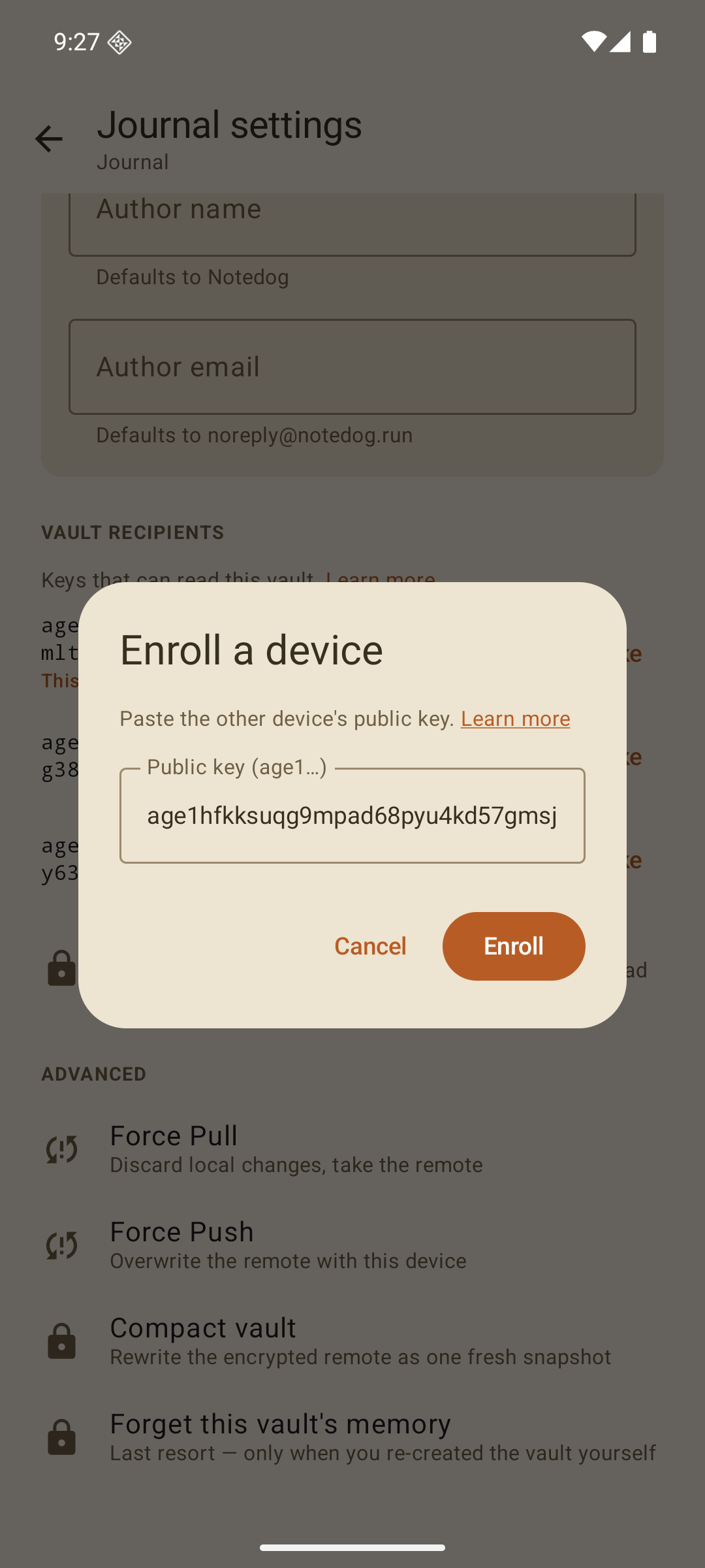 The Enroll a device dialog on the phone with a public key pasted into the field and an Enroll button.