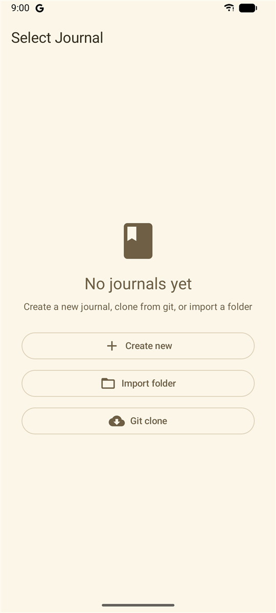 Notedog's first screen: No journals yet, with Create new, Import folder, and Git clone buttons.