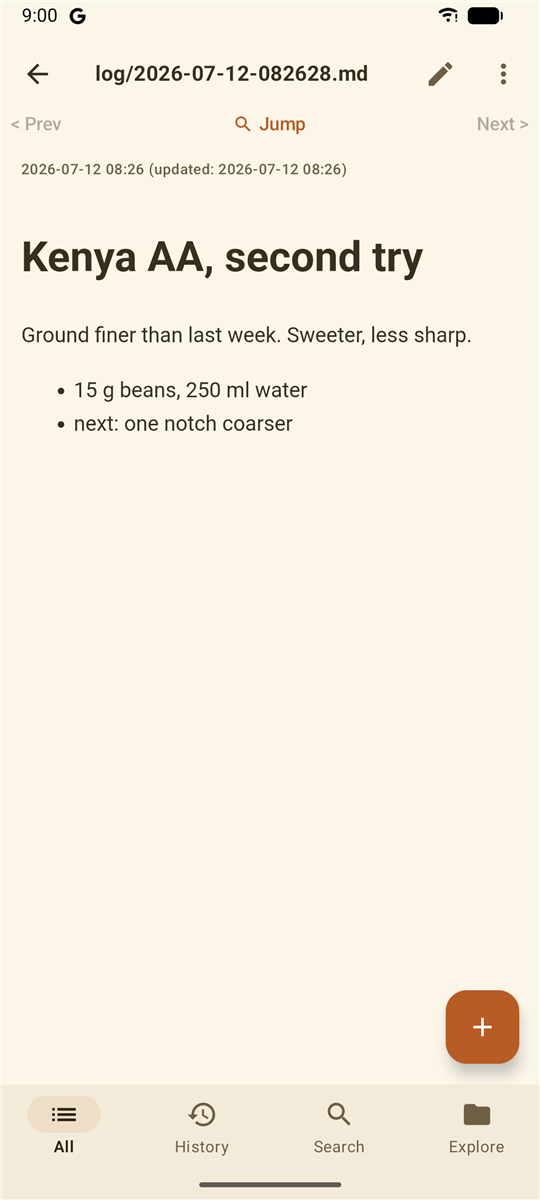 A rendered journal entry on the phone: a heading, a paragraph, and a bullet list.
