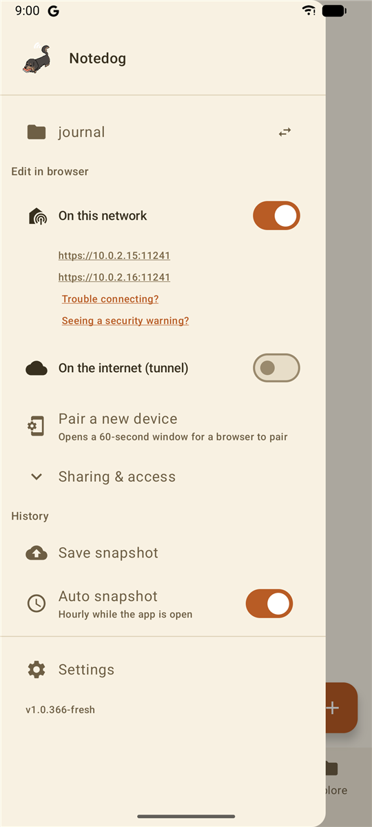 The app drawer with On this network turned on, showing two https addresses and Pair a new device.