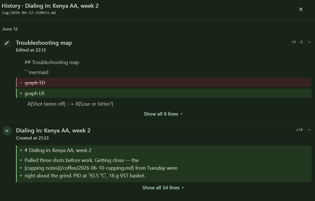 Notedog's History tab: a feed of changes, each with an expandable colored diff showing added and removed lines.