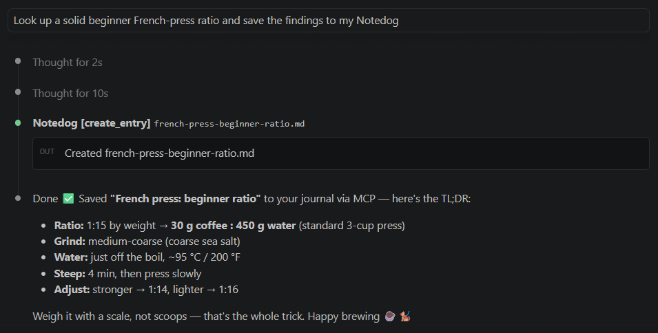A chat with an AI assistant: the user asks it to save findings to Notedog, and the assistant calls the create_entry tool, which reports the new entry was created.